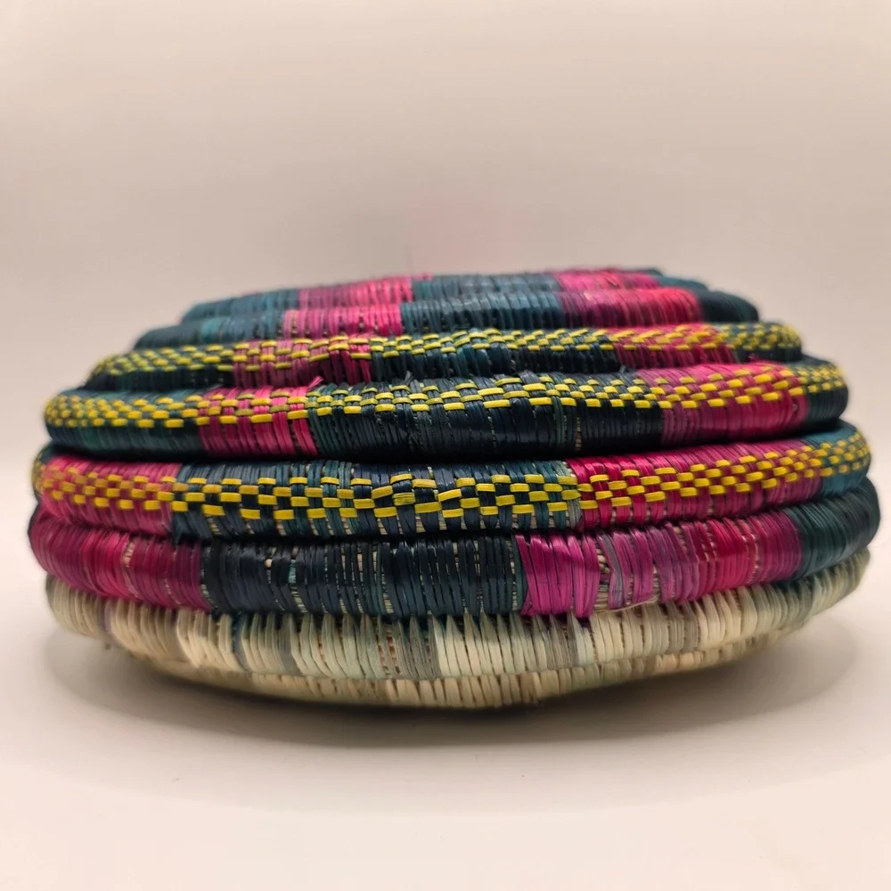 Handwoven Coiled Grass Muday Basket Ethiopian‎ Pink Green Yellow Boho Lidded Box